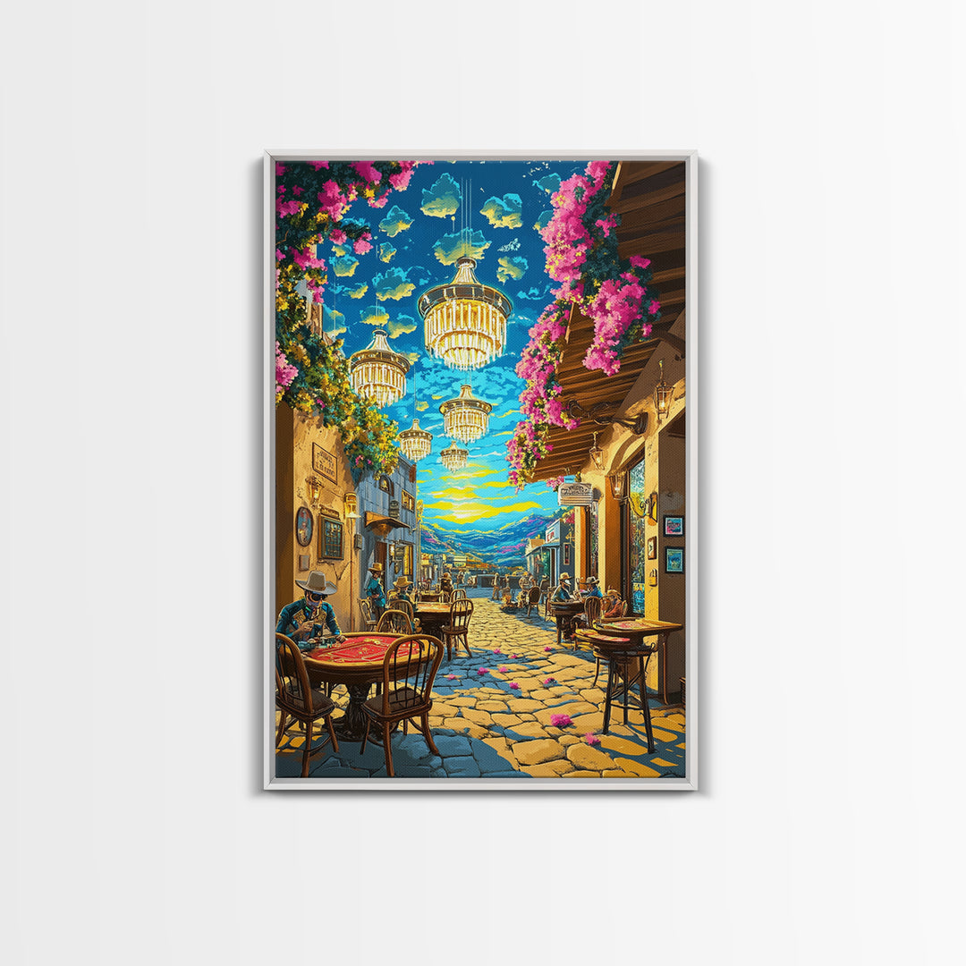 Chandelier Lit Mediterranean Cafe Wall Art, Colorful Travel Poster, Coastal Decor, Dining Room Print, Framed Canvas Print