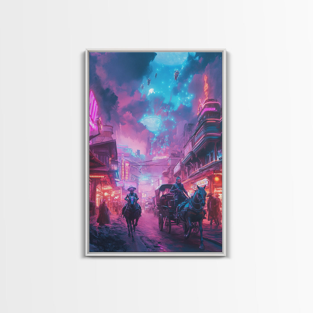 Neon Cyberpunk Horseback City Under Cosmic Sky Wall Art, Futuristic Sci Fi Poster, Gaming Room Decor, Vaporwave Home Decor