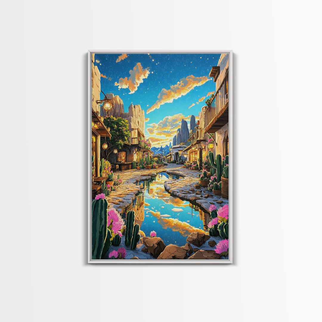 Sunlit Desert Village Street With Cactus And Mountains Canvas Print, Southwestern Wall Art, Boho Home Decor, Travel Poster