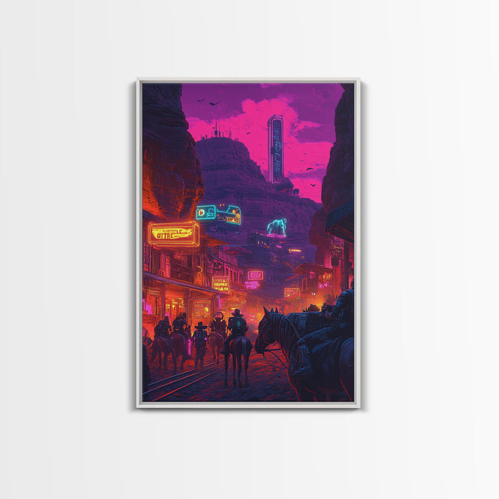 Neon Western Canyon Town With Cowboys Framed Canvas Print, Cyberpunk Wall Art, Futuristic Decor, Gaming Room Poster, Sci Fi Home Decor