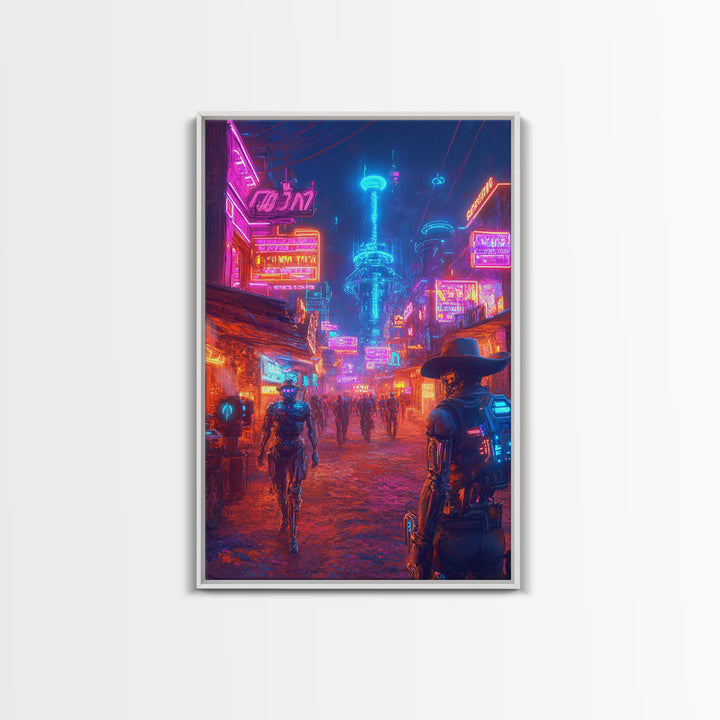 Neon Cyberpunk Cowboy And Robot City Canvas Print, Futuristic Wall Art, Sci Fi Poster, Gaming Room Decor, Vaporwave Gift