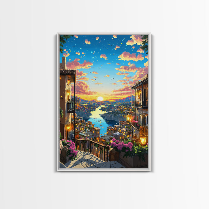 Romantic Sunset River City Balcony With Flowers Wall Art, Mediterranean Travel Poster, Coastal Home Decor, Colorful Art Print