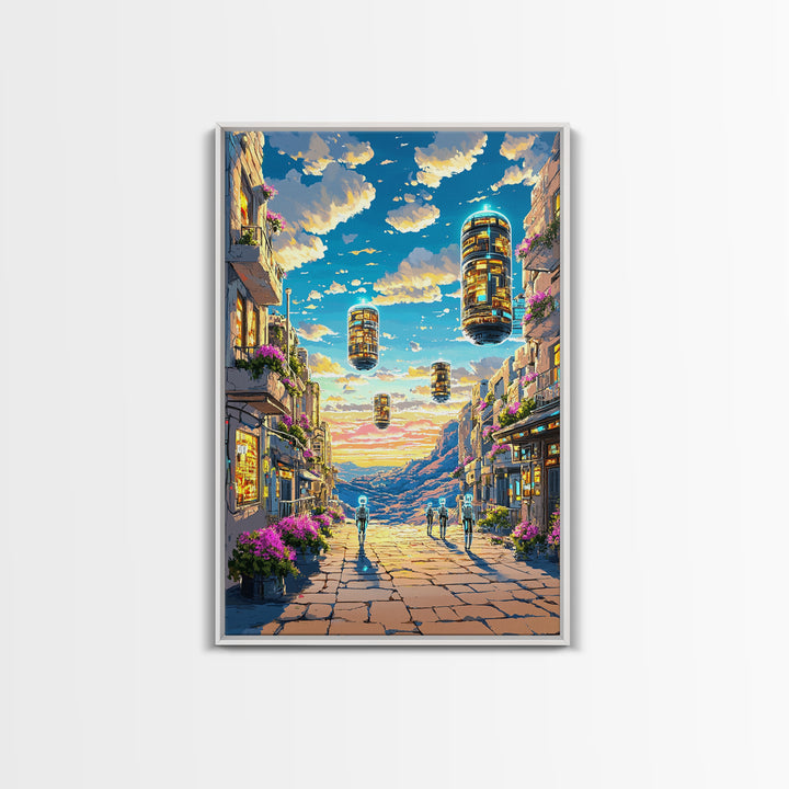 Floating Futuristic City Street With Sky Pods Canvas Print, Sci Fi Wall Art, Cyberpunk Decor, Modern Travel Poster Gift For Him