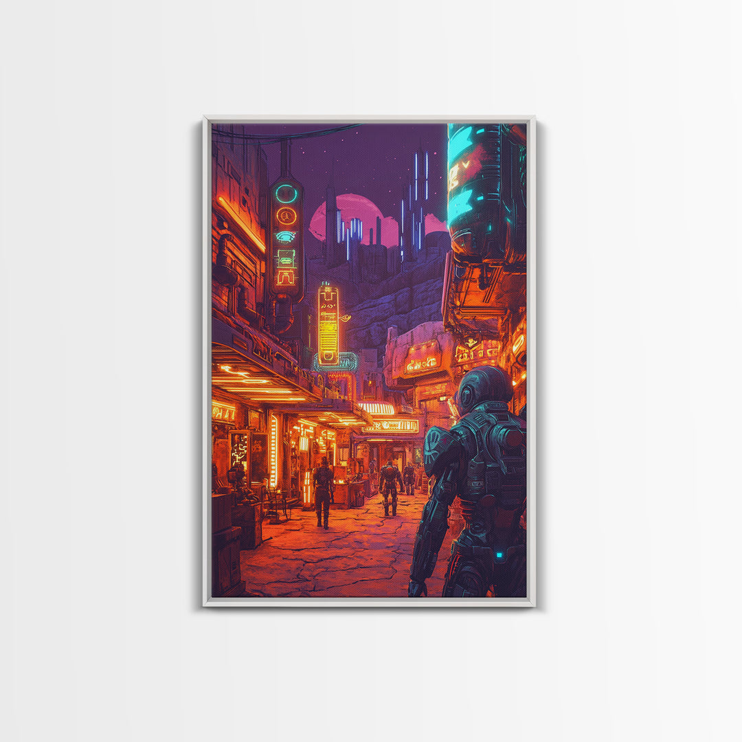 Neon Spaceport Street With Astronaut And Moon Wall Art, Cyberpunk Sci Fi Poster, Gaming Room Decor, Futuristic Canvas Art