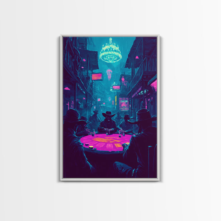 Neon Cyberpunk Poker Game With Cowboys Framed Canvas Print, Western Wall Art, Man Cave Decor, Gaming Room Poster Gift For Him