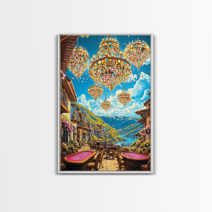Jeweled Chandeliers Over Alpine Village Canvas Print, Whimsical Mountain Wall Art, Maximalist Luxury Home Decor, Statement Artwork