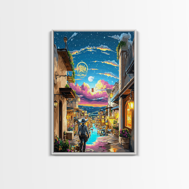 Moonlit Cowboy Canal Street Canvas Print, Western Wall Art, Neon Cityscape, Whimsical Travel Poster, Gift For Him, Living Room Decor
