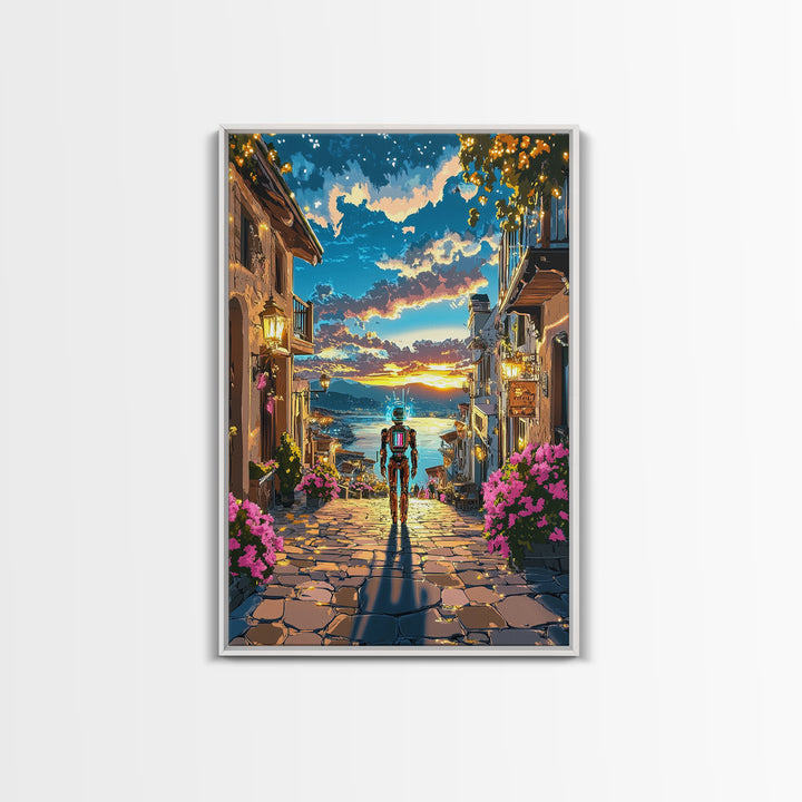 Astronaut In Sunset Coastal Village Framed Canvas Print, Sci Fi Wall Art, Futuristic Seascape, Gaming Room Decor, Unique Gift