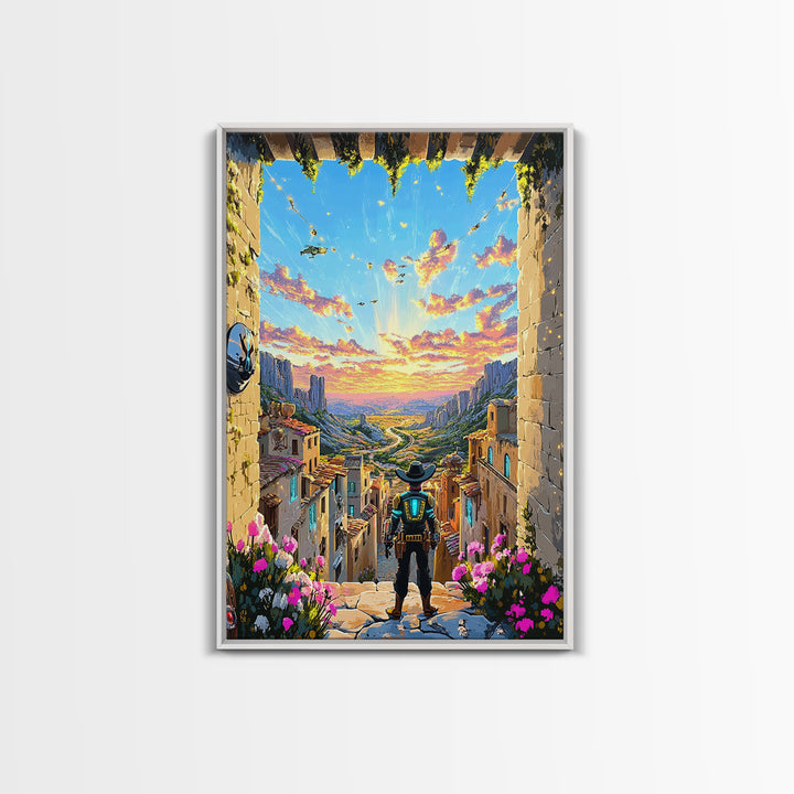 Robot Cowboy Canyon Gateway Canvas Print, Western Sci Fi Wall Art, Desert Landscape, Futuristic Home Office Decor, Gift For Him