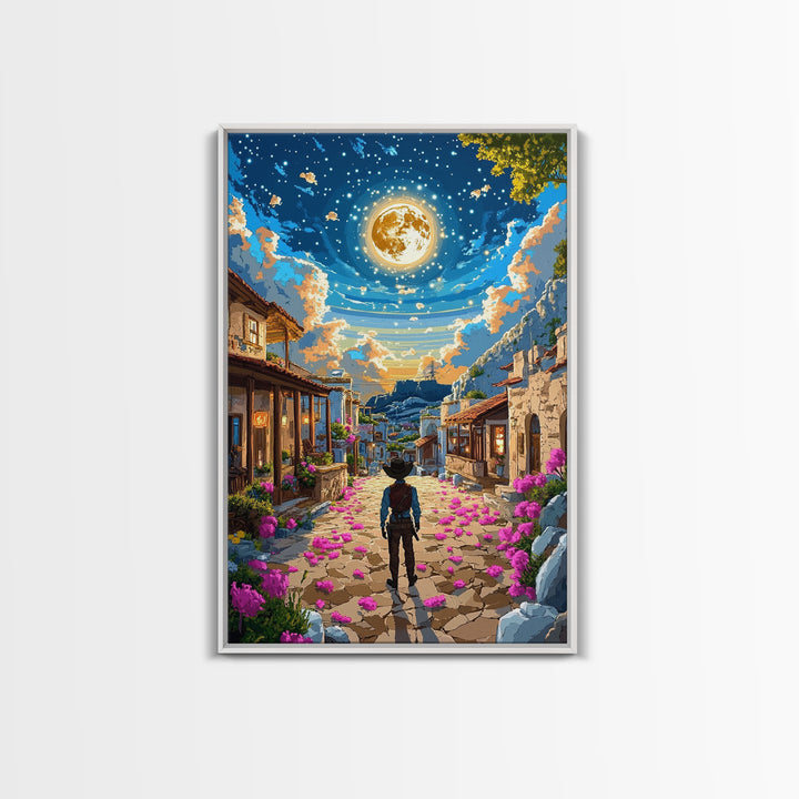 Golden Full Moon Village Path Canvas Print, Celestial Wall Art, Mediterranean Night Sky, Whimsical Bedroom Decor, Moon Art Print