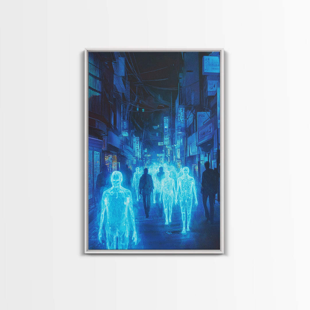 Blue Hologram Figures In Cyberpunk Alley Framed Canvas Print, Neon Wall Art, Sci Fi Cityscape, Gaming Room Decor, Futuristic Decor