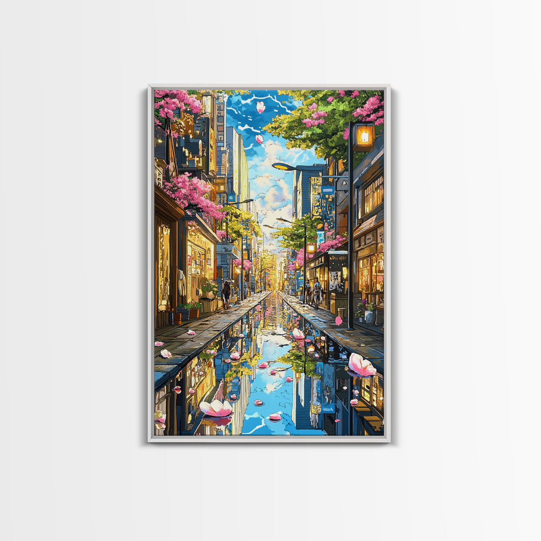 Cherry Blossom Rainy Tokyo Street Canvas Print, Japanese Wall Art, Urban Cityscape, Spring Gallery Wall Decor, Living Room Decor