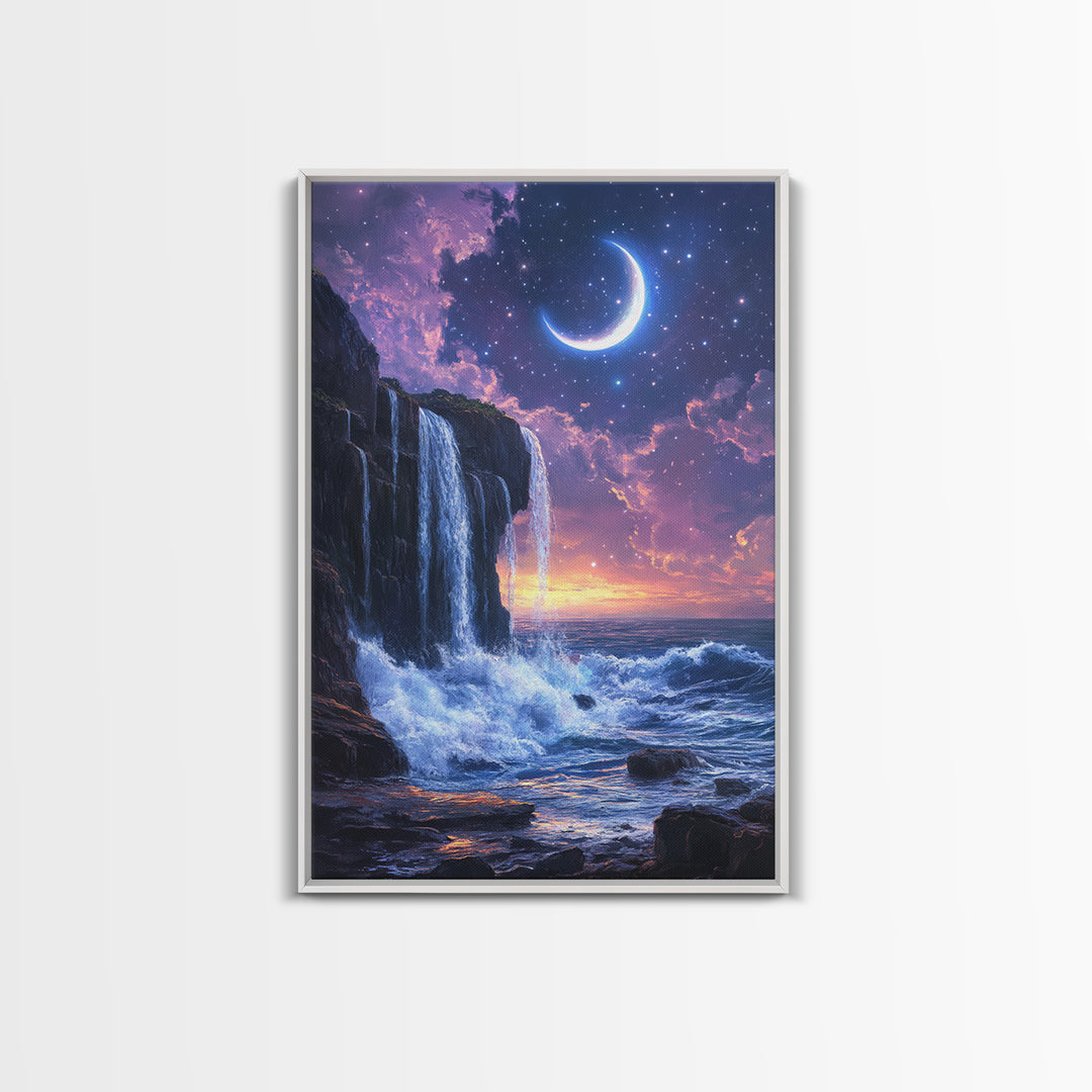 Crescent Moon Waterfall Ocean Canvas Print, Celestial Wall Art, Fantasy Seascape, Coastal Bedroom Decor, Starry Night Sky, Gift For Her