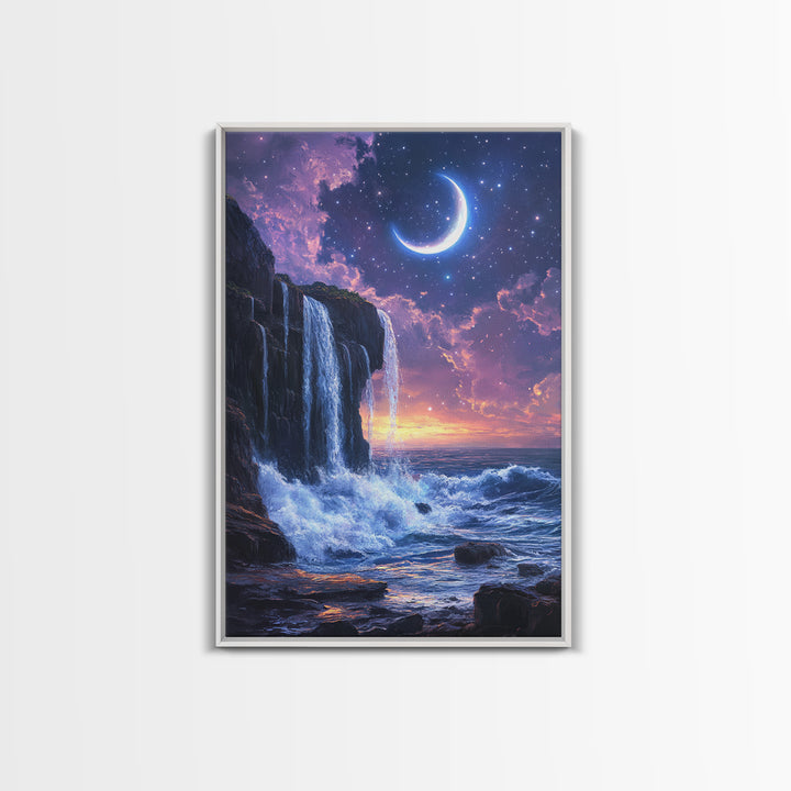 Crescent Moon Waterfall Ocean Canvas Print, Celestial Wall Art, Fantasy Seascape, Coastal Bedroom Decor, Starry Night Sky, Gift For Her