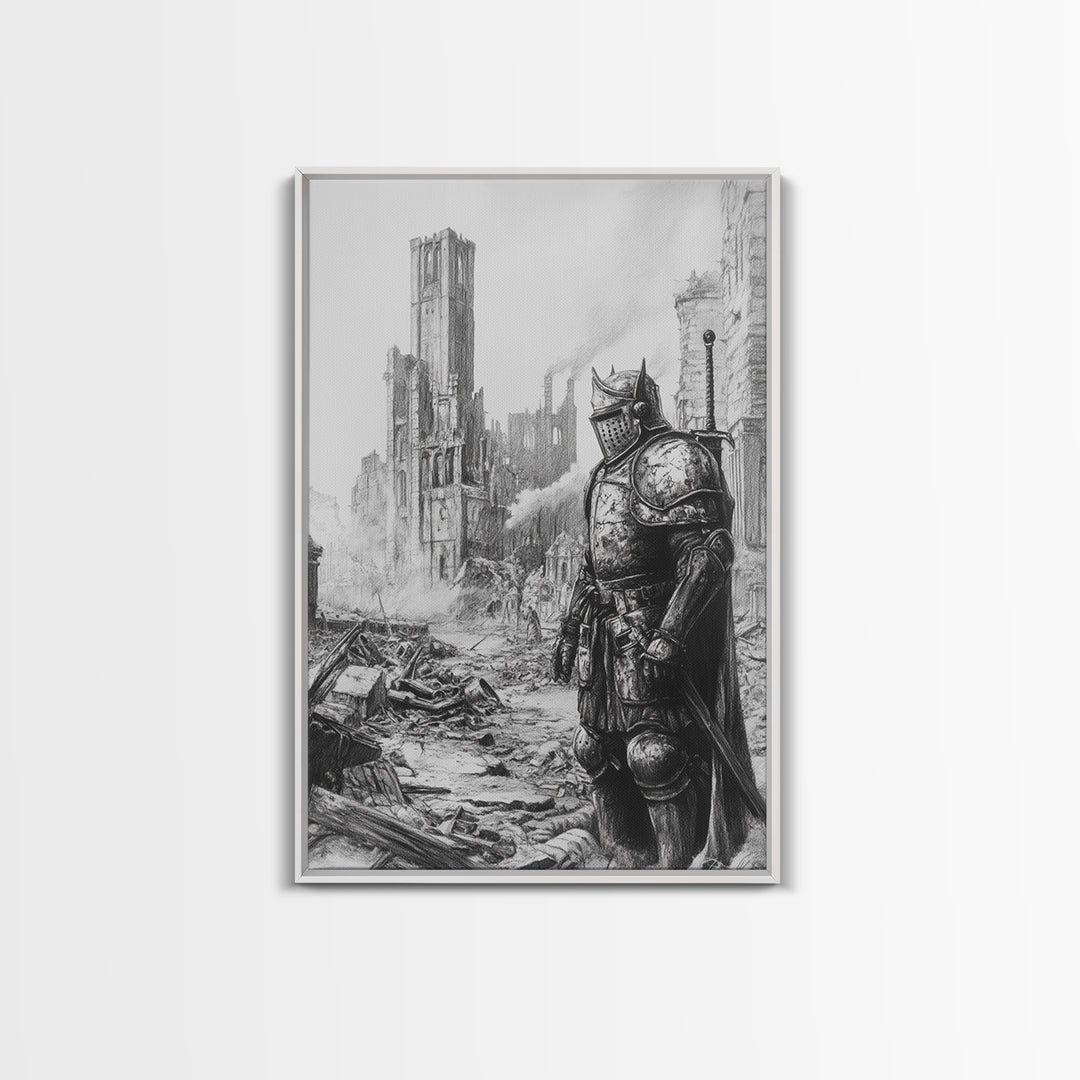 Black And White Armored Knight In Ruined Gothic City Wall Art, Dark Fantasy Medieval Warrior Print For Office Decor