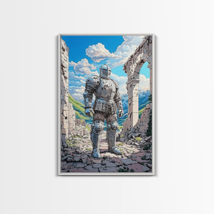 Polished Silver Knight In Alpine Ruins Canvas Print, Fantasy Warrior Mountain Landscape Art For Game Room Decor Gift For Him