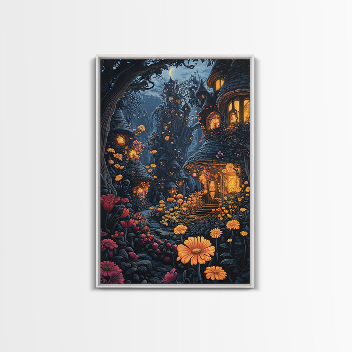 Dark Enchanted Forest Village With Glowing Flower Windows Wall Art, Gothic Fairy Tale Fantasy Canvas Print For Moody Decor