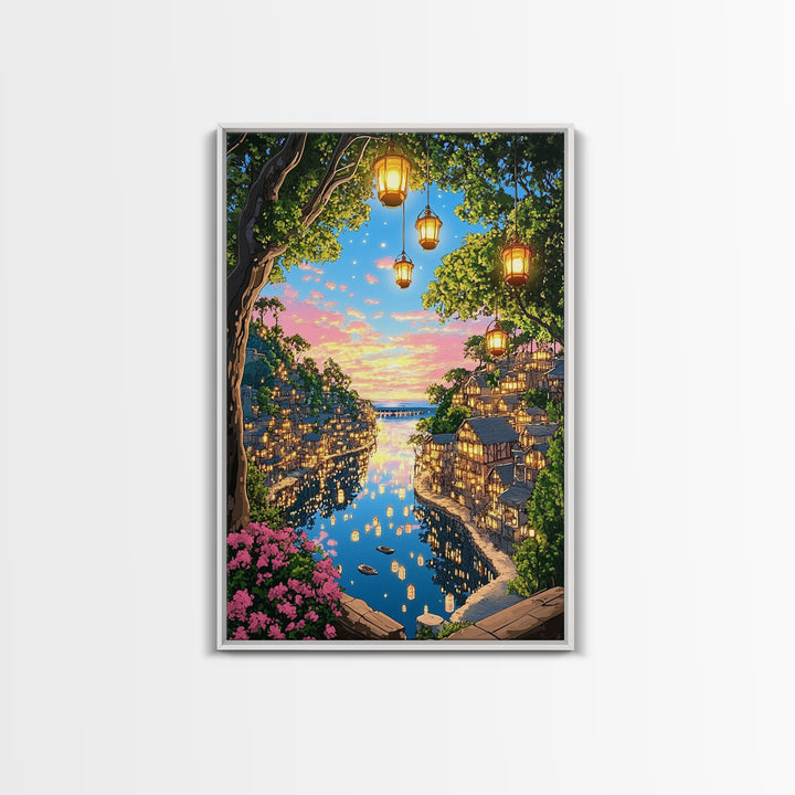 Lantern Lit Sunset Harbor Village Wall Art, Romantic Coastal Landscape Canvas Print For Living Room Decor And Housewarming Gift