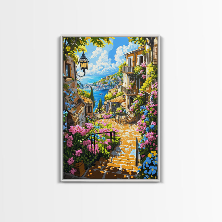 Mediterranean Coastal Stairway With Bougainvillea Canvas Print, Travel Poster Wall Art, Colorful Living Room Decor Housewarming Gift