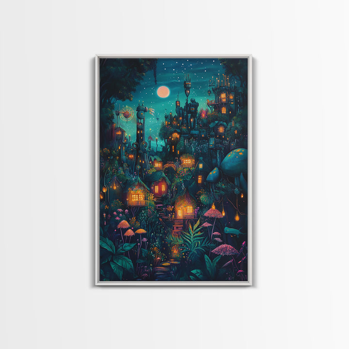 Moonlit Steampunk Mushroom City With Glowing Lanterns Canvas Print, Dark Fantasy Wall Art, Maximalist Decor Gift For Him