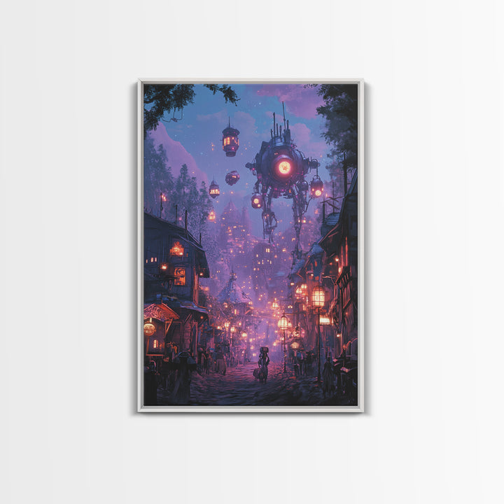 Purple Cyberpunk Village With Floating Machines Canvas Print, Sci Fi Wall Art, Futuristic Gaming Room Decor Gift For Him