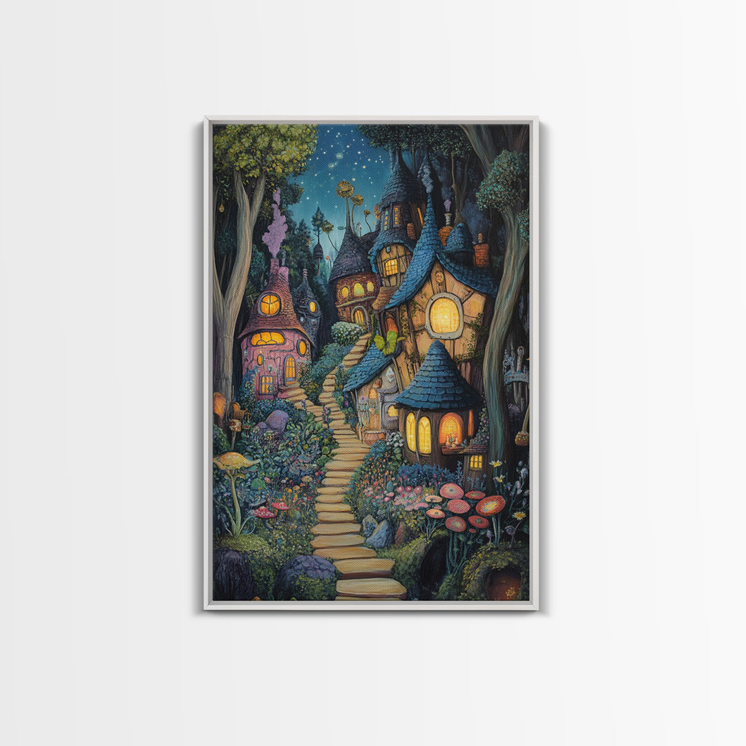 Whimsical Mushroom Fairy Village At Starlit Night Canvas Print, Fairy Tale Wall Art, Nursery Decor Housewarming Gift For Her