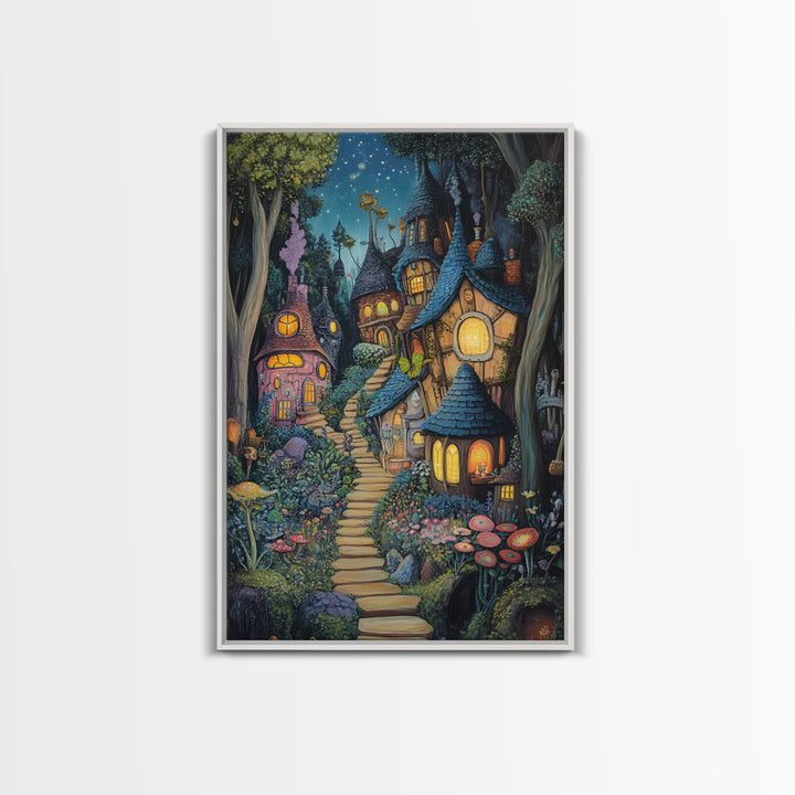 Whimsical Mushroom Fairy Village At Starlit Night Canvas Print, Fairy Tale Wall Art, Nursery Decor Housewarming Gift For Her