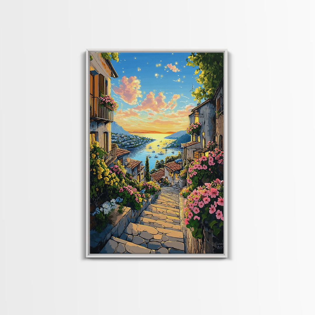 Sunlit Mediterranean Village Stairway Canvas Print, Coastal Wall Art, Italy Decor, Summer Travel Poster, Living Room Decor
