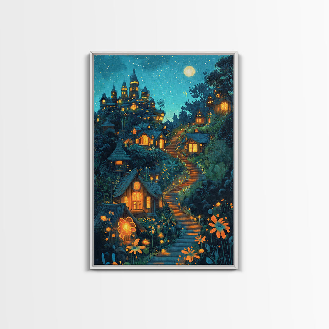 Moonlit Enchanted Village Wall Art, Whimsical Fairy Tale Castle, Fantasy Art Print, Nursery Decor, Cozy Bedroom Wall Decor