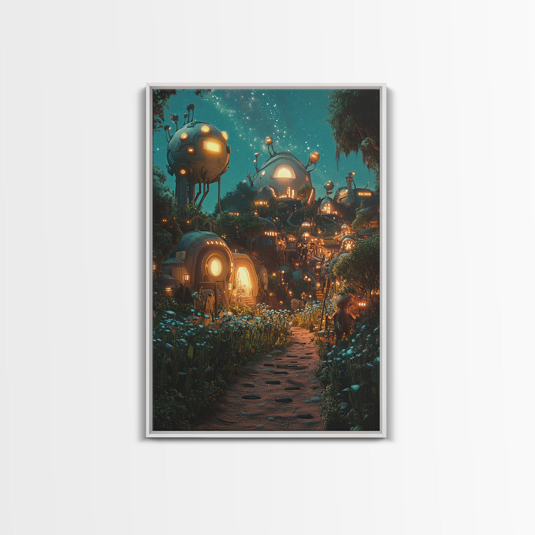 Glowing Futuristic Forest Village Canvas Print, Sci Fi Wall Art, Cyberpunk Decor, Unique Fantasy Landscape, Gaming Room Decor