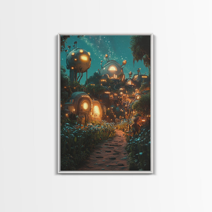Glowing Futuristic Forest Village Canvas Print, Sci Fi Wall Art, Cyberpunk Decor, Unique Fantasy Landscape, Gaming Room Decor