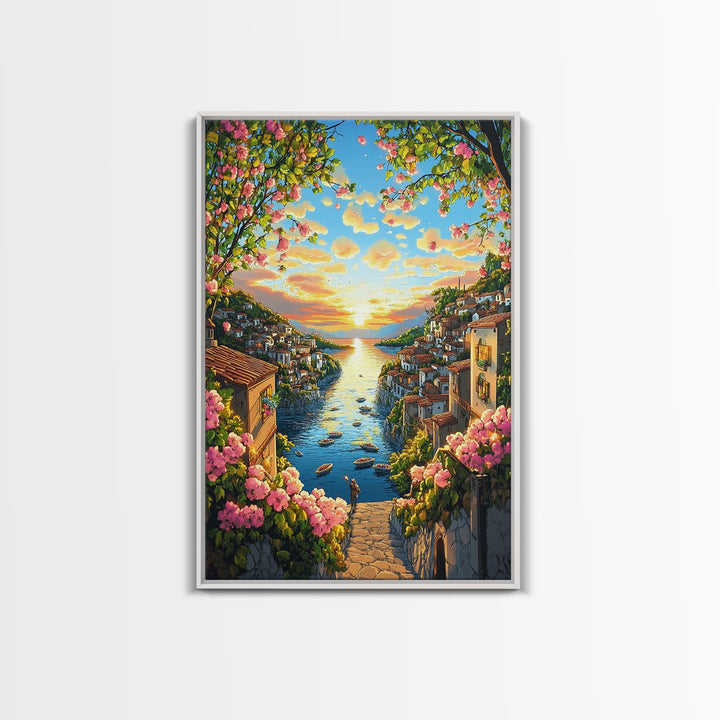 Golden Coastal Canal Village Framed Canvas Print, Mediterranean Wall Art, Italy Travel Poster, Summer Decor, Housewarming Gift