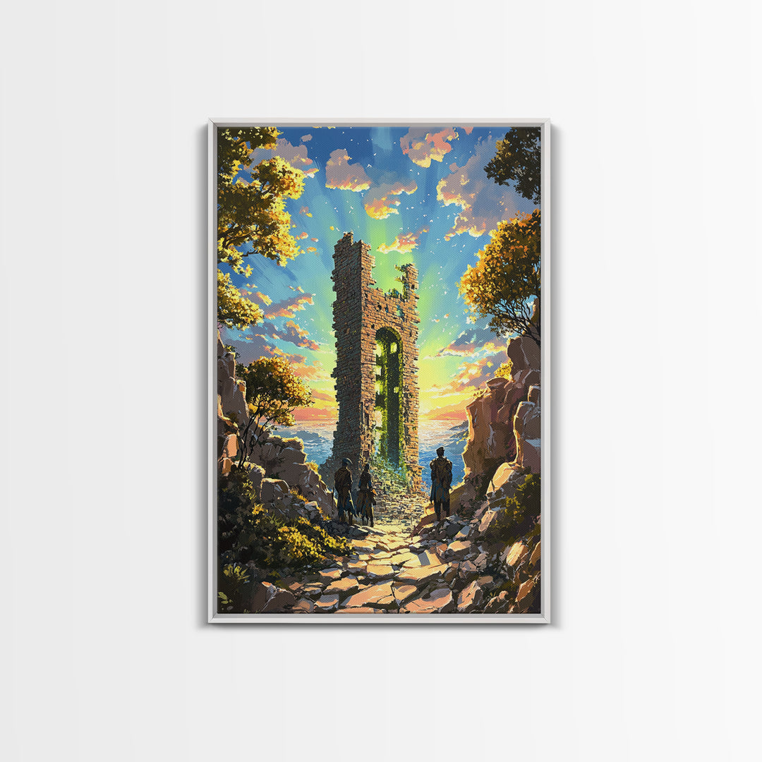 Sunset Ruined Stone Tower Canvas Print, Fantasy Landscape Wall Art, Coastal Castle Poster, Adventure Decor, Living Room Art