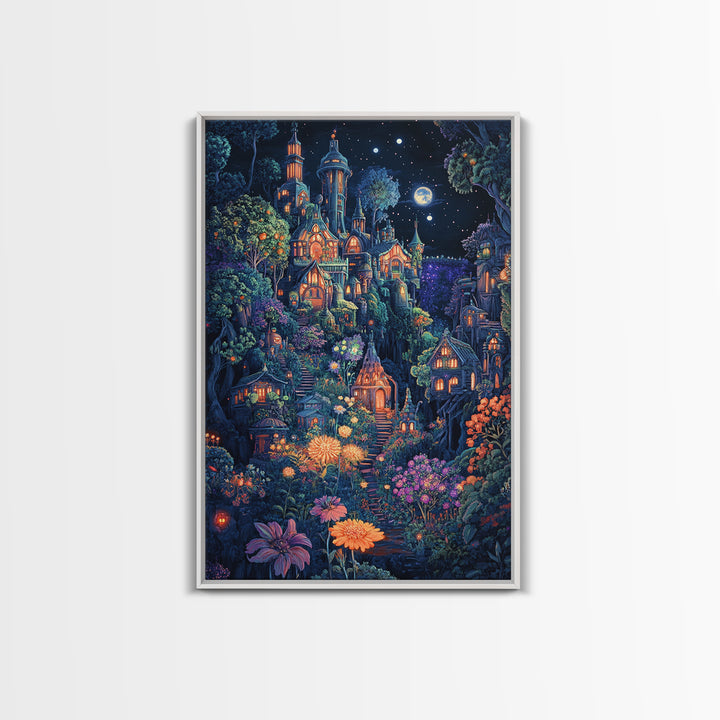 Moonlit Magical Garden Village Wall Art, Whimsical Fantasy Castle Canvas Print, Dark Botanical Decor, Maximalist Room Art