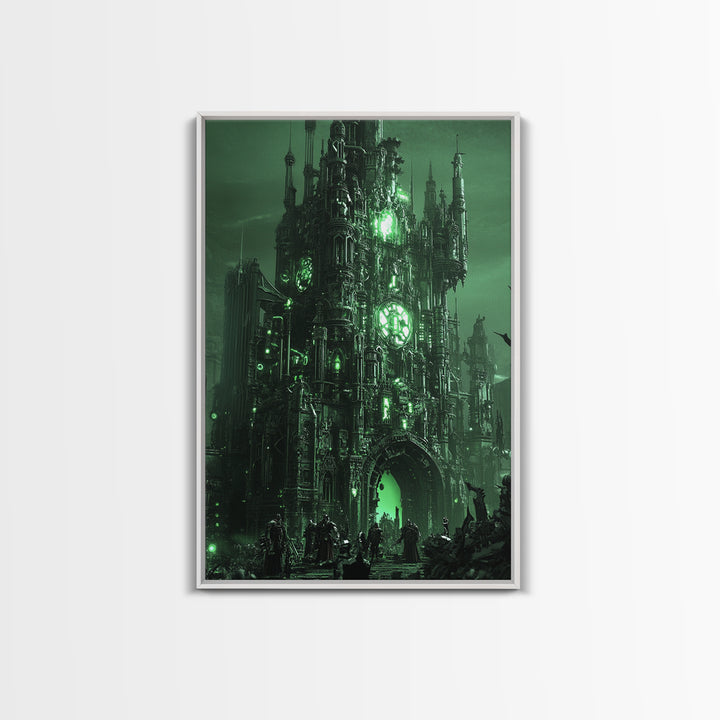 Emerald Gothic Citadel Framed Canvas Print, Dark Fantasy Wall Art, Green Castle Decor, Moody Office Art, Gothic Home Decor