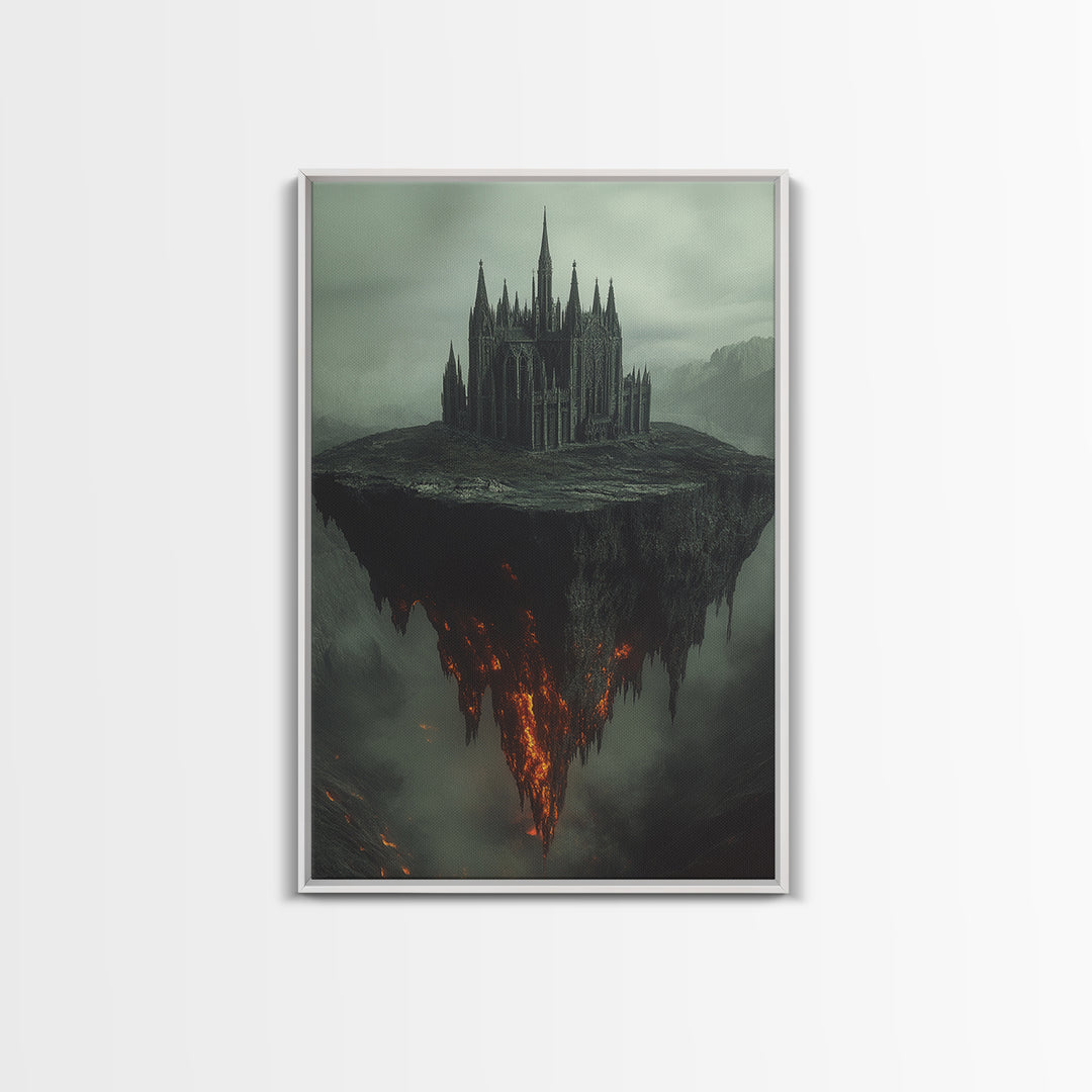 Floating Gothic Cathedral Wall Art, Dark Fantasy Canvas Print, Surreal Castle Decor, Moody Statement Artwork, Office Decor