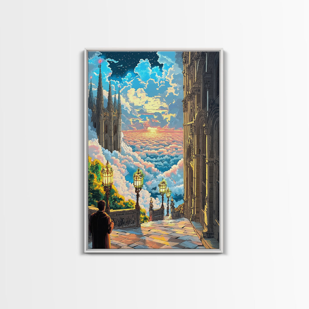 Celestial Cloud City Stairway Framed Canvas Print, Fantasy Wall Art, Sky Castle Decor, Dreamy Landscape, Bedroom Wall Decor