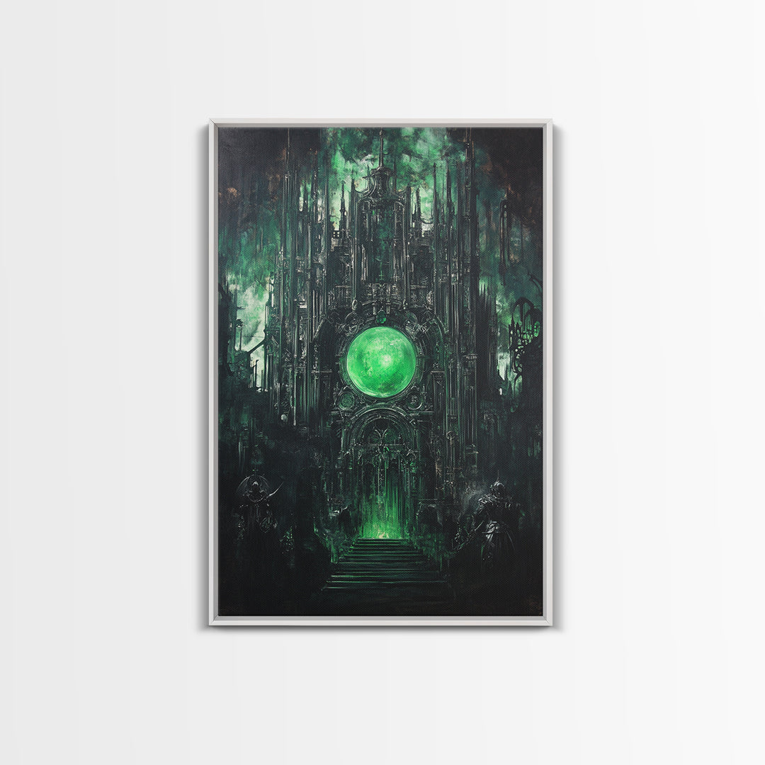 Emerald Orb Gothic Sanctuary Canvas Print, Dark Fantasy Wall Art, Occult Castle Decor, Moody Green Architecture Poster Print