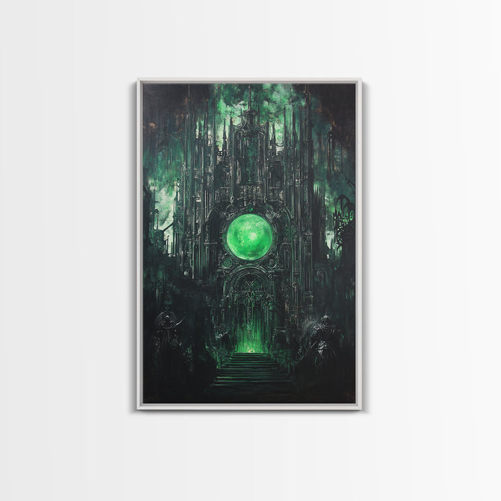 Emerald Orb Gothic Sanctuary Canvas Print, Dark Fantasy Wall Art, Occult Castle Decor, Moody Green Architecture Poster Print