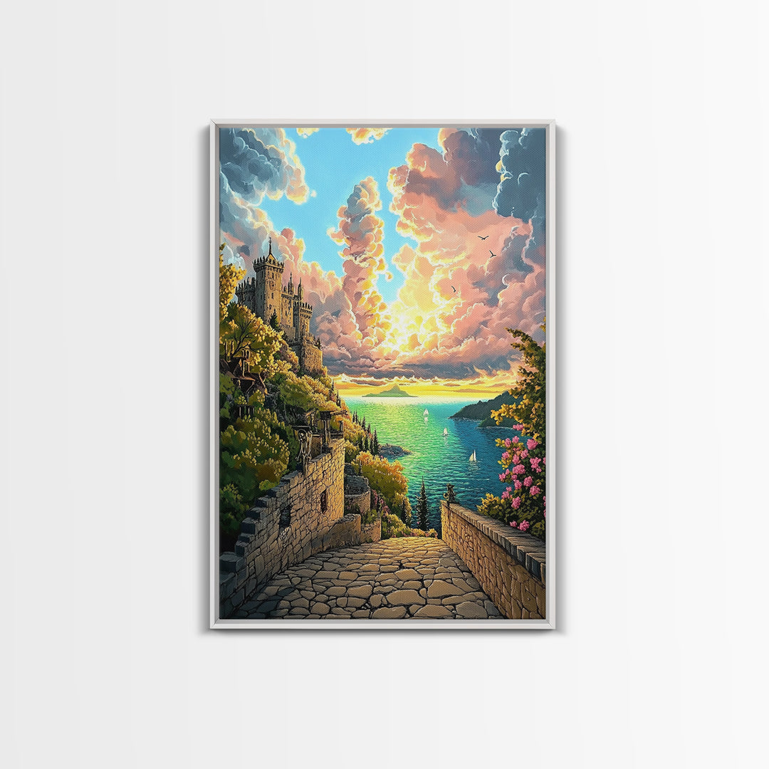 Sunset Castle Coast Path Wall Art, Mediterranean Seascape Canvas Print, Colorful Coastal Decor, Fantasy Landscape Art Print