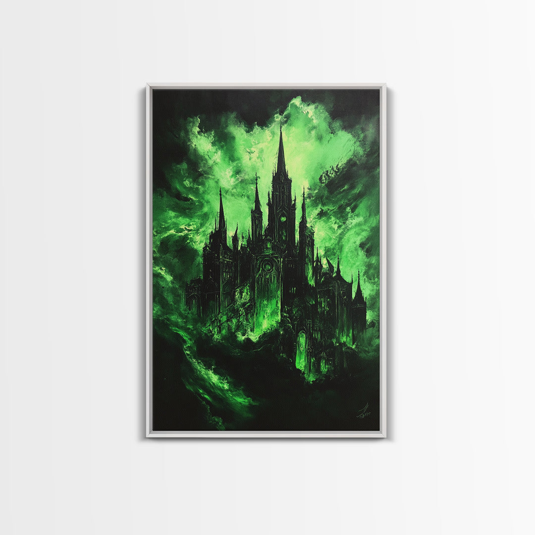 Green Haunted Gothic Cathedral Wall Art, Dark Fantasy Castle Canvas Print, Witchy Decor, Moody Black And Green Poster Print