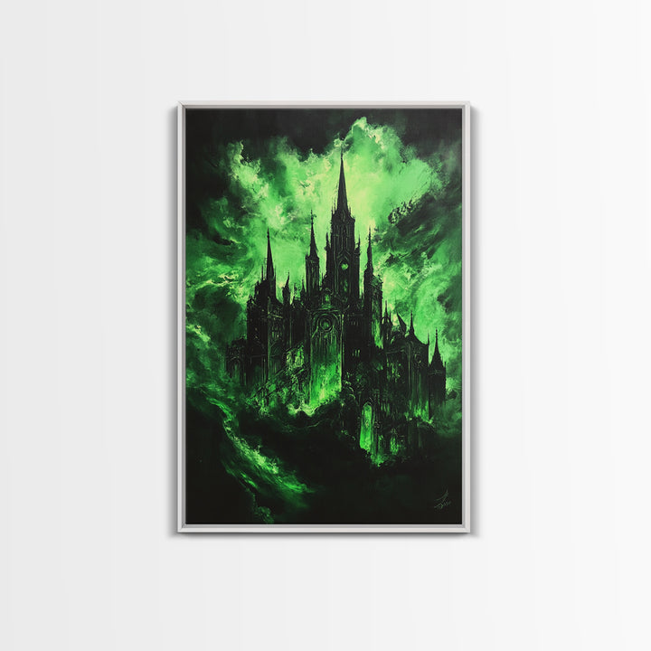 Green Haunted Gothic Cathedral Wall Art, Dark Fantasy Castle Canvas Print, Witchy Decor, Moody Black And Green Poster Print