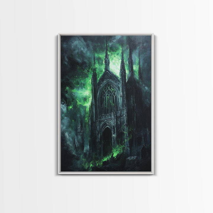 Misty Gothic Church In Green Fog Framed Canvas Print, Dark Academia Wall Art, Haunted Chapel Decor, Fantasy Architecture