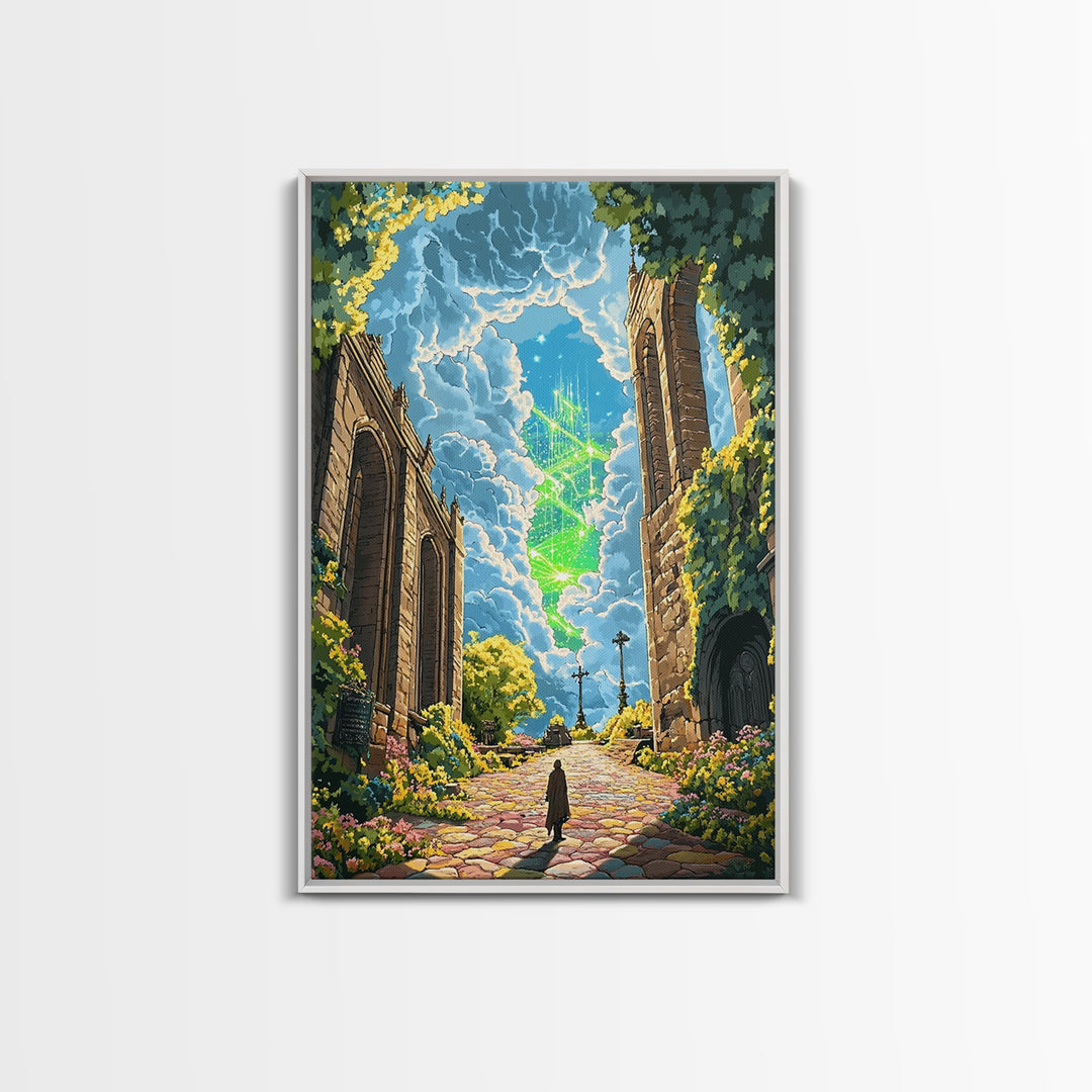 Glowing Crystal Towers Above Ruins Wall Art, Fantasy City Canvas Print, Whimsical Garden Decor, Magical Architecture Poster