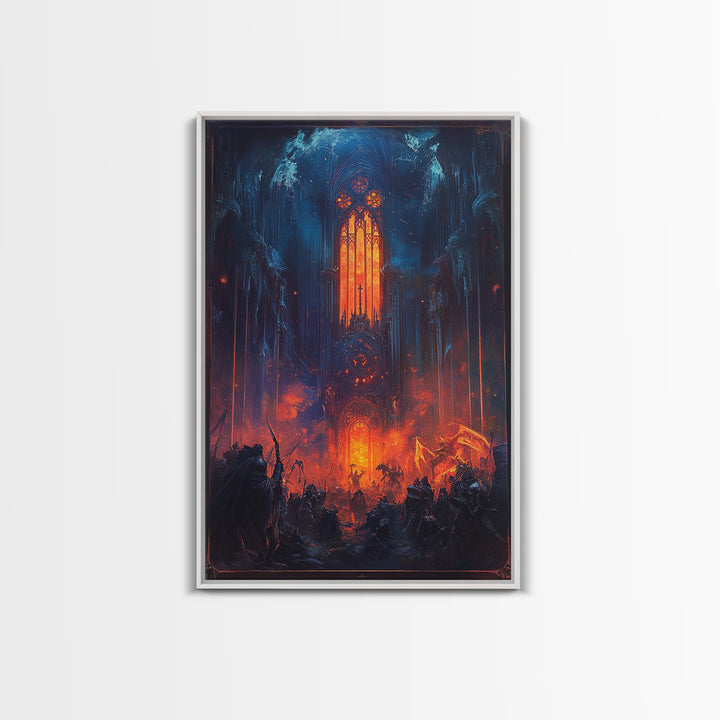 Fiery Gothic Cathedral Battle Canvas Print, Dark Fantasy Wall Art, Medieval Warrior Decor, Dramatic Red And Blue Poster Print
