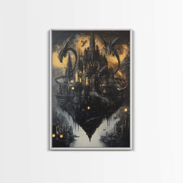 Floating Gothic Dragon Castle Wall Art, Dark Fantasy Canvas Decor, Moody Medieval Citadel Print, Gothic Home Decor Gift