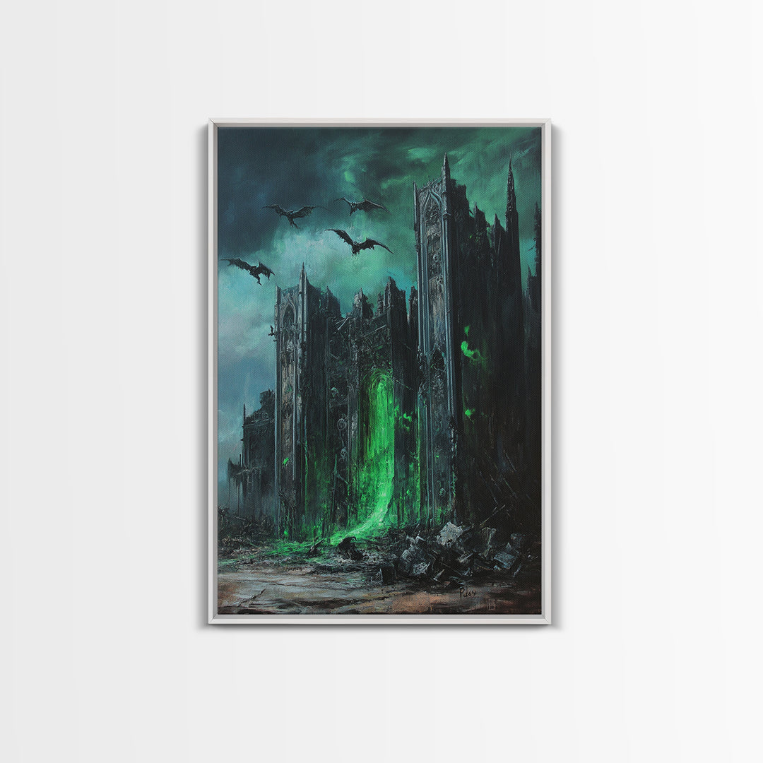 Green Portal Gothic Cathedral Wall Art, Dark Fantasy Ruins Print, Dragon Raven Decor, Moody Gothic Home Decor Gift For Him