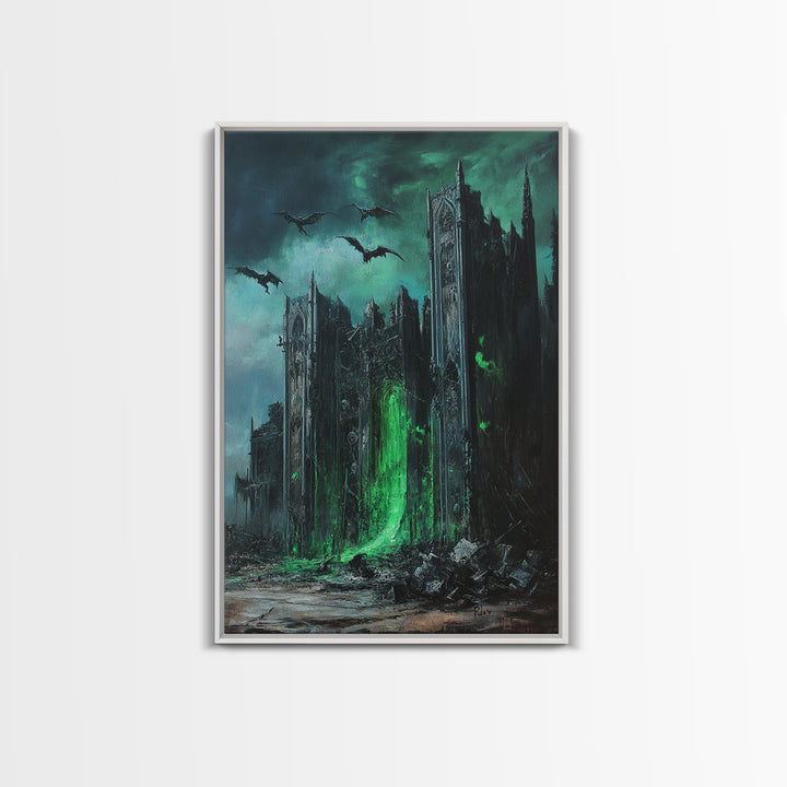 Green Portal Gothic Cathedral Wall Art, Dark Fantasy Ruins Print, Dragon Raven Decor, Moody Gothic Home Decor Gift For Him