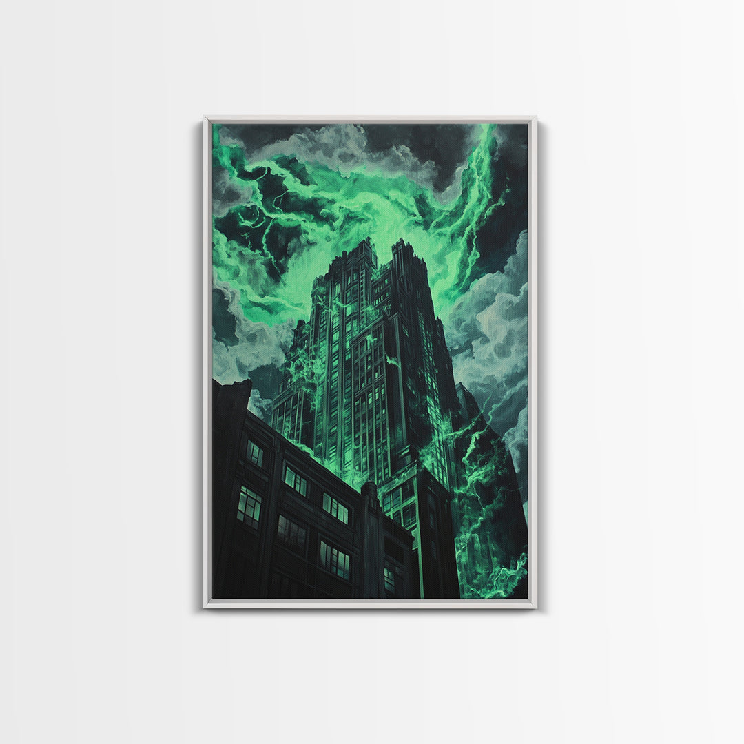 Emerald Storm Skyscraper Wall Art, Dark Urban Fantasy Print, Gothic City Lightning Decor, Moody Office Wall Decor, Home Decor Gift