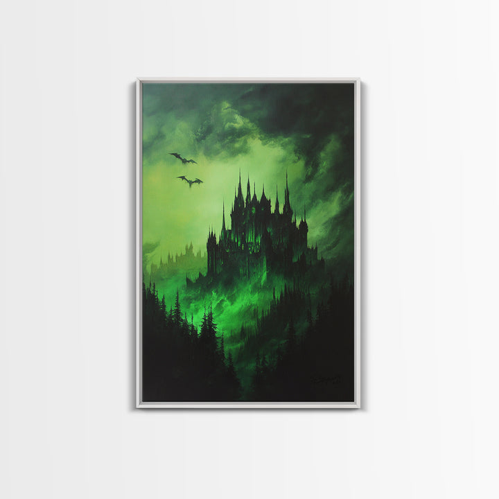 Haunted Green Forest Castle Wall Art, Dark Fantasy Gothic Print, Moody Spooky Decor, Witchy Home Decor, Gothic Wall Decor Gift